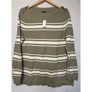 Talbots Olive & White Striped Cowl-Neck Button Shoulder Sweater